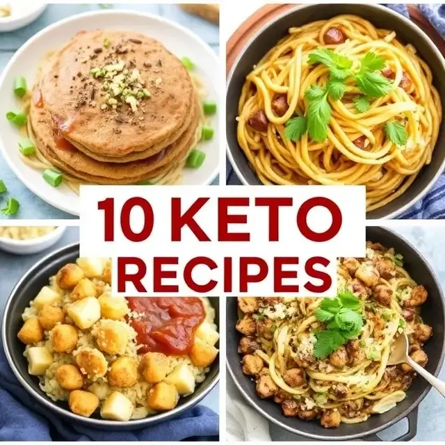 A charming display of 10 keto-friendly recipes including savory stuffed chicken breasts, crispy buffalo cauliflower bites, and refreshing salads.