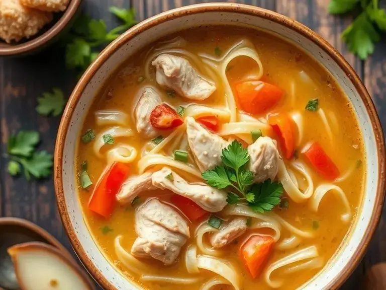 A steaming bowl of chicken noodle soup filled with colorful vegetables and egg noodles, garnished with fresh herbs.