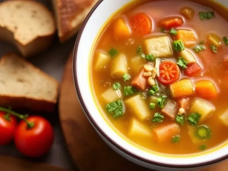 A cozy kitchen scene with a steaming bowl of homemade vegetable soup garnished with fresh herbs, surrounded by various vegetables and a wooden spoon.