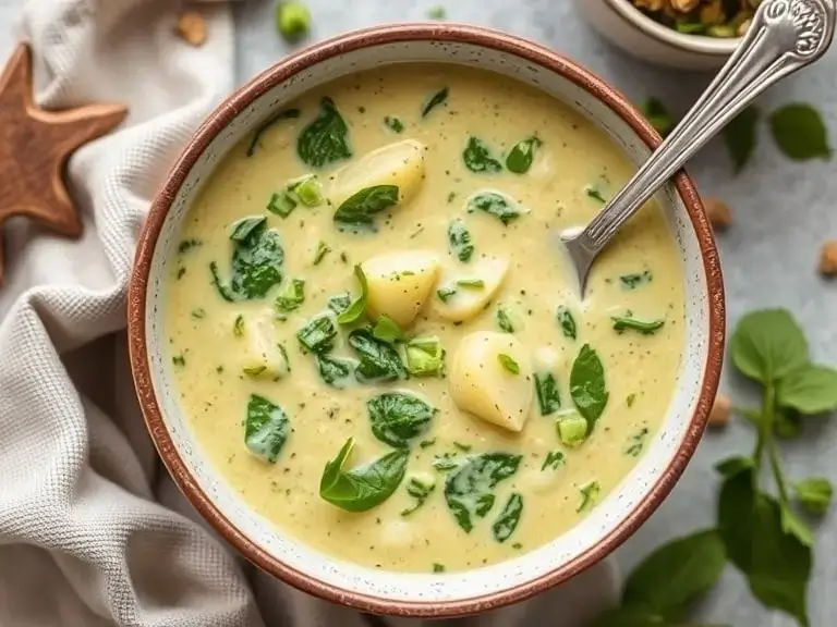 A smooth and creamy spinach and potato soup garnished with croutons and a drizzle of olive oil, served in a rustic bowl.