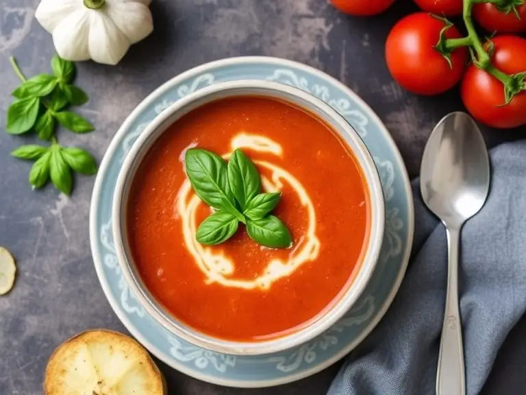 A creamy bowl of tomato basil soup topped with fresh basil leaves and a drizzle of olive oil, served with grilled cheese sandwiches on the side.