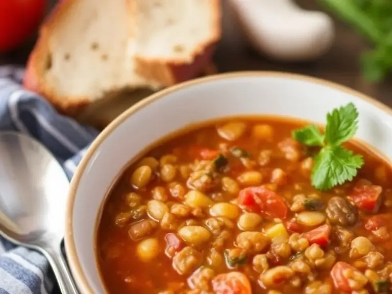 A colorful bowl of hearty lentil soup topped with fresh parsley, served with a slice of crusty bread.