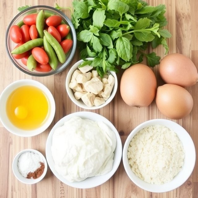 Ingredients for chicken pot pie on a wooden countertop