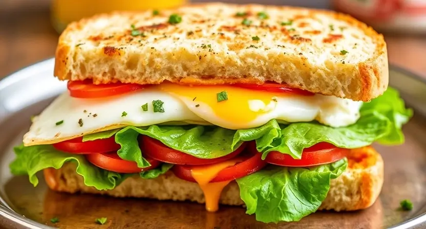 Close-up of a gooey breakfast sandwich filled with melty cheese, a perfectly fried egg, and crispy bacon on a toasted English muffin.