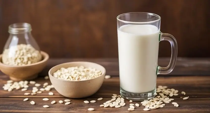 Oat milk with egg breakfast sandwich on a wooden table