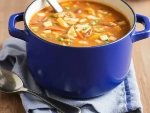 A steaming bowl of vegetable soup with colorful vegetables and herbs, served with a slice of crusty bread.