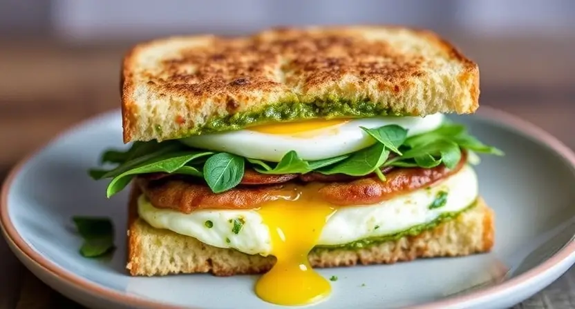 A stacked breakfast sandwich featuring fluffy scrambled eggs, layers of turkey sausage, and melted cheese, served alongside a bowl of mixed fruit.