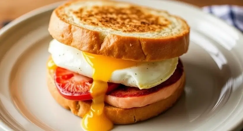 Delicious homemade breakfast sandwich featuring eggs, veggies, and cheddar cheese.