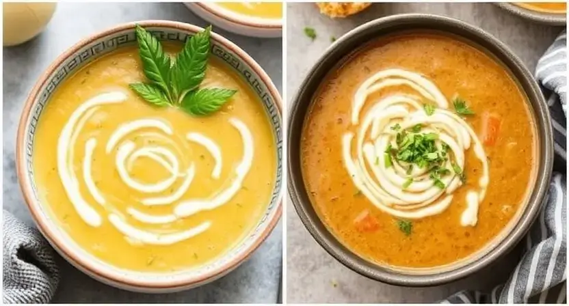 A variety of colorful one-pot soups served in bowls, showcasing vegetables and herbs.