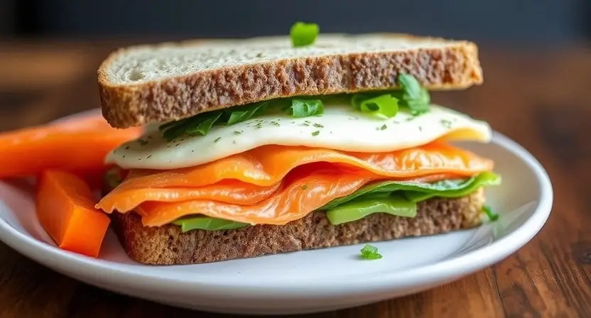 An enticing breakfast sandwich made with crispy bacon, fluffy scrambled eggs, melted cheddar cheese, and fresh arugula, all nestled between a soft brioche bun.