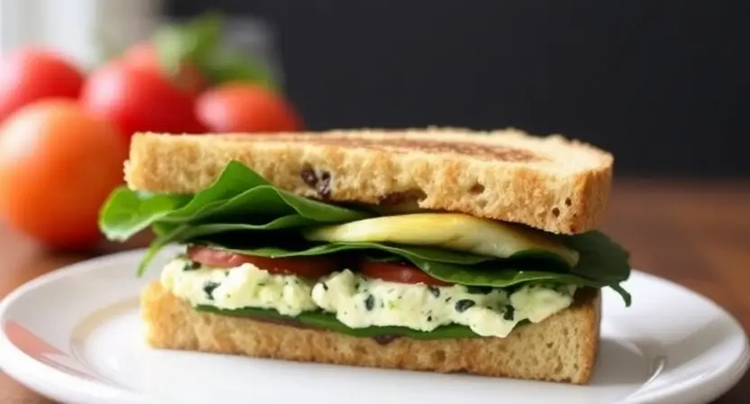 Various breakfast sandwiches displayed on a rustic wooden table, showcasing ingredients like eggs, bacon, avocado, and cheese.