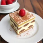 Layered eggless tiramisu with cocoa powder and coffee-soaked ladyfingers.