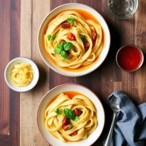 A table set with bowls of various pasta sauces, including Bolognese, Alfredo, and Rao's, alongside fresh pasta.