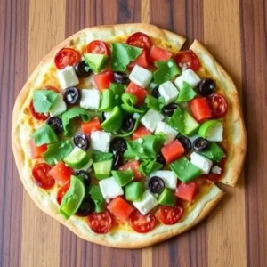 Homemade Tostada Pizza with fresh lettuce, tomatoes, and ranch drizzle on a crispy crust.