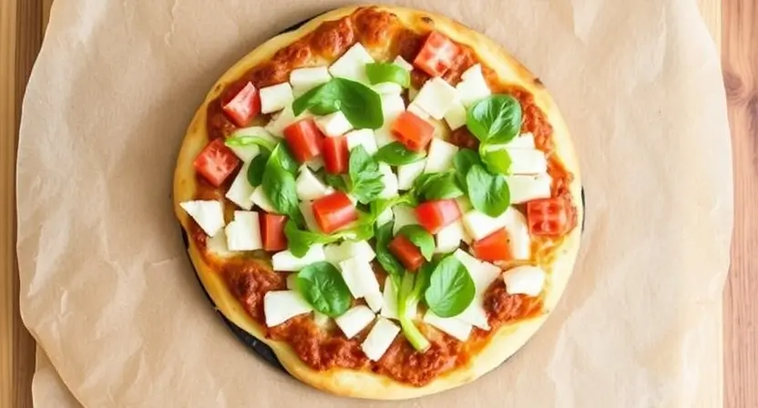 Close-up of CPK-inspired Tostada Pizza topped with melted cheese and colorful vegetables.