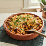 BBQ chicken mac and cheese in a rustic terracotta