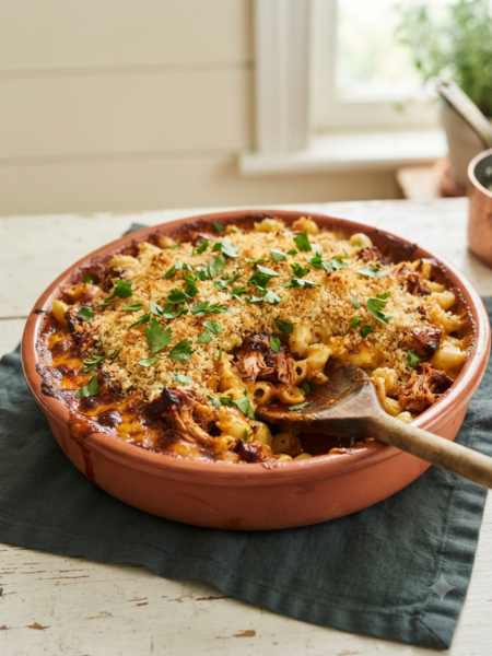 BBQ chicken mac and cheese in a rustic terracotta