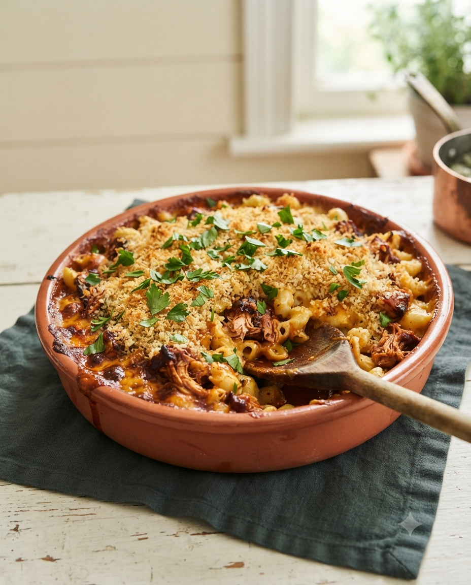 BBQ chicken mac and cheese in a rustic terracotta