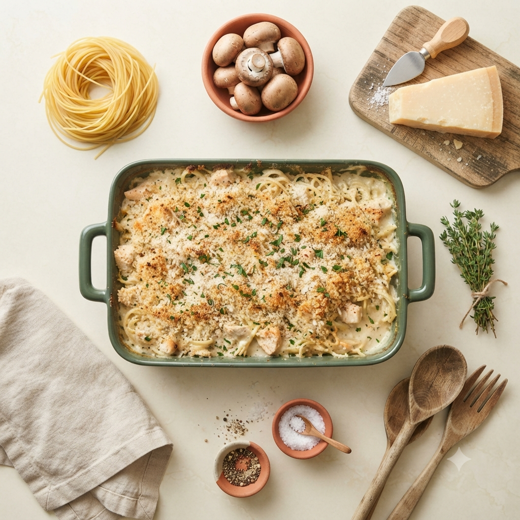 Chicken Tetrazzini casserole in the center