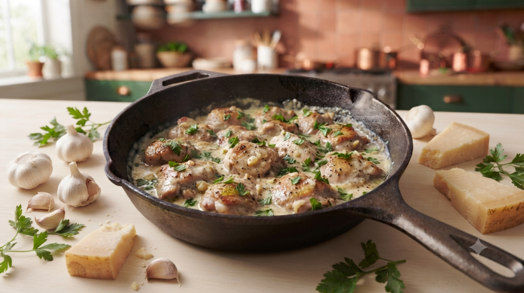 Creamy Garlic Parmesan Chicken Skillet surrounded by fresh parsley