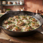 Creamy Garlic Parmesan Chicken Skillet in a rustic cast iron pan