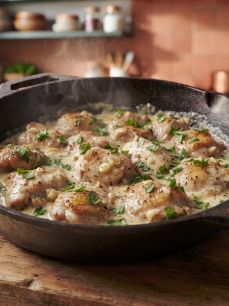 Creamy Garlic Parmesan Chicken Skillet in a rustic cast iron pan