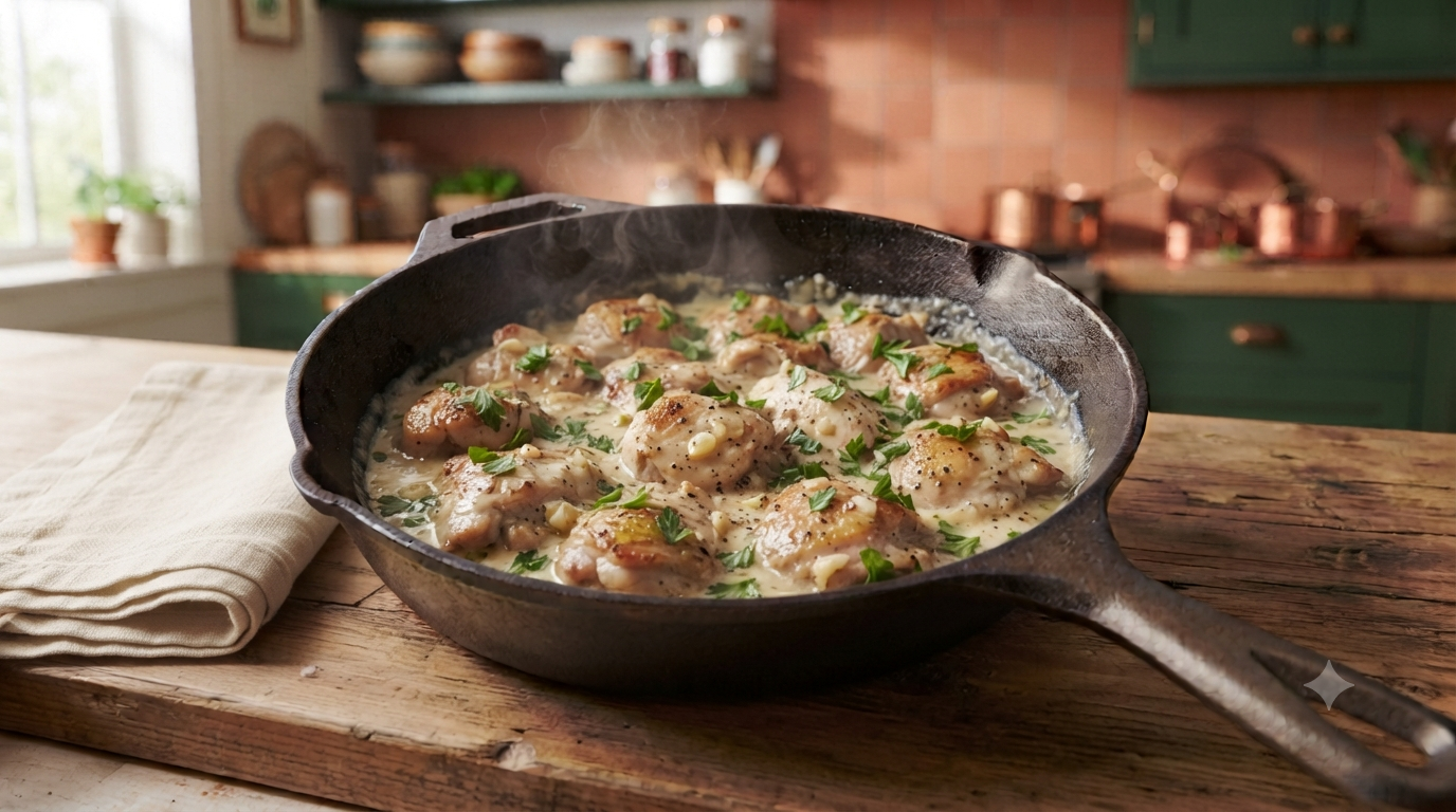 Creamy Garlic Parmesan Chicken Skillet in a rustic cast iron pan