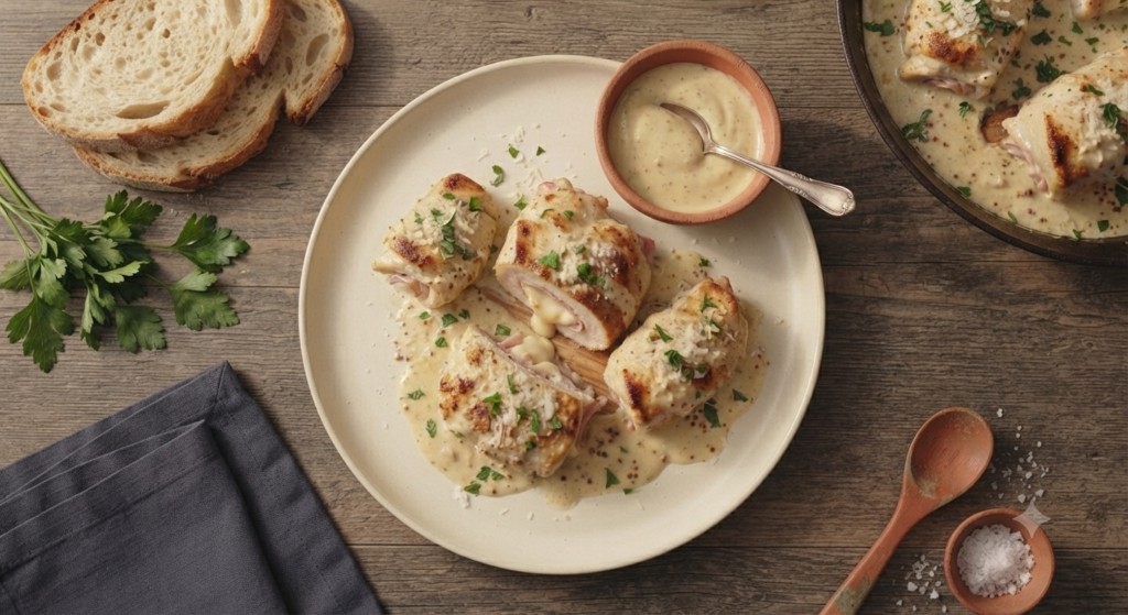 Skillet Chicken Cordon Bleu served on a Cream
