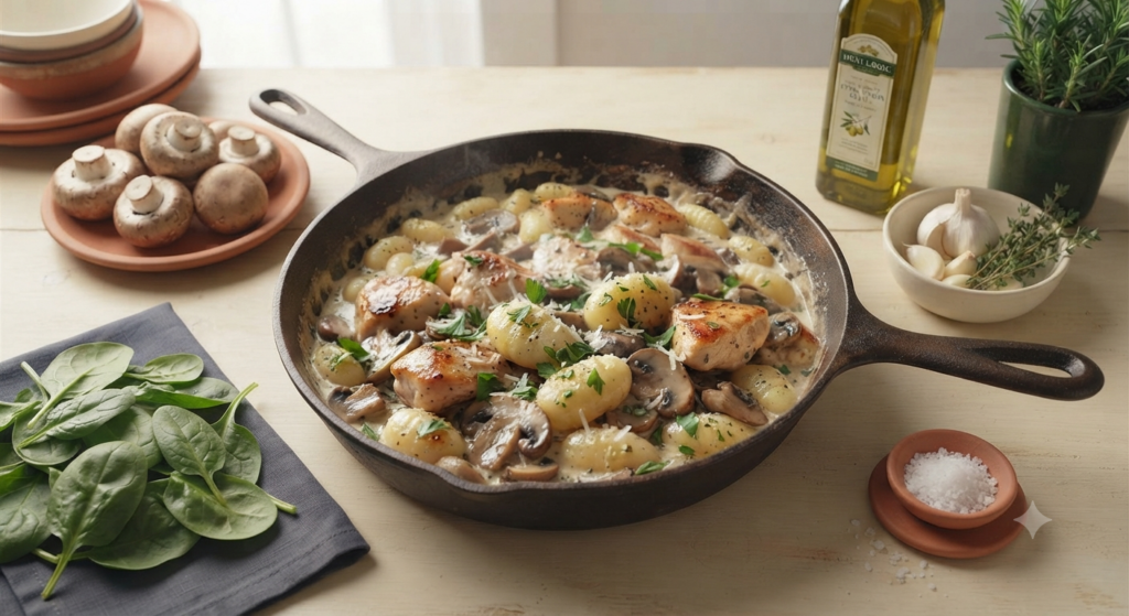 a cast iron skillet of Creamy Chicken and Mushroom