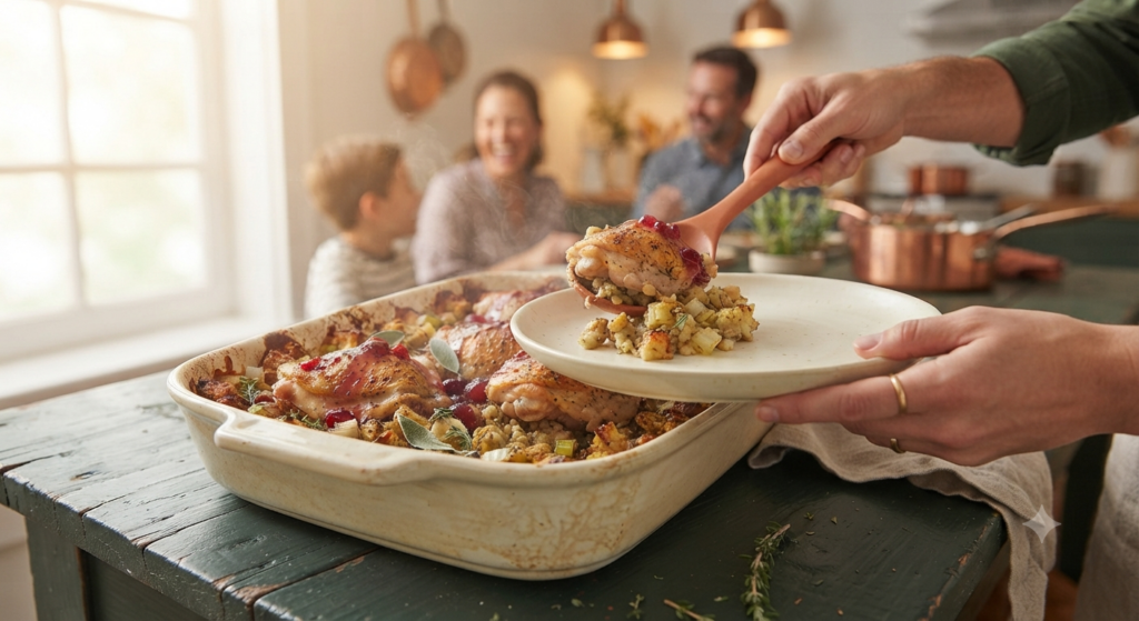 a cozy lifestyle shot of a family serving the One-Pan Chicken