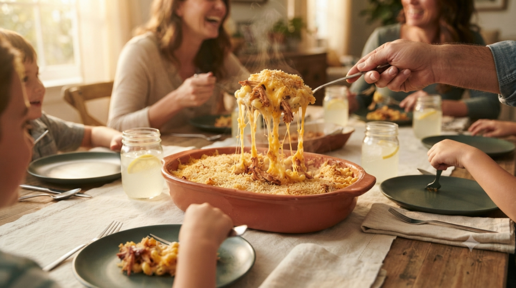 a hand serving BBQ chicken mac and cheese