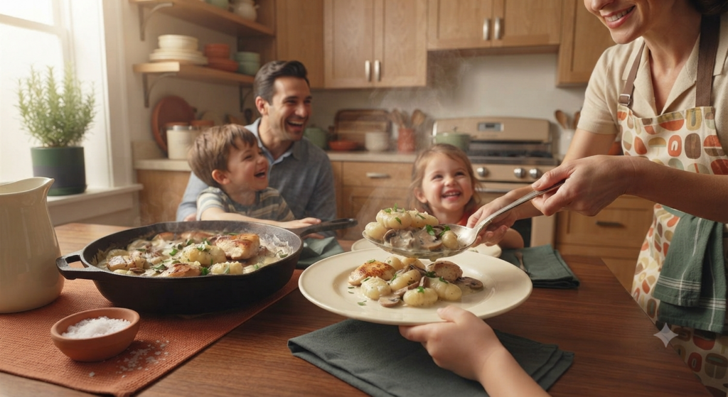 a parent serving Creamy Chicken and Mushroom Gnocchi