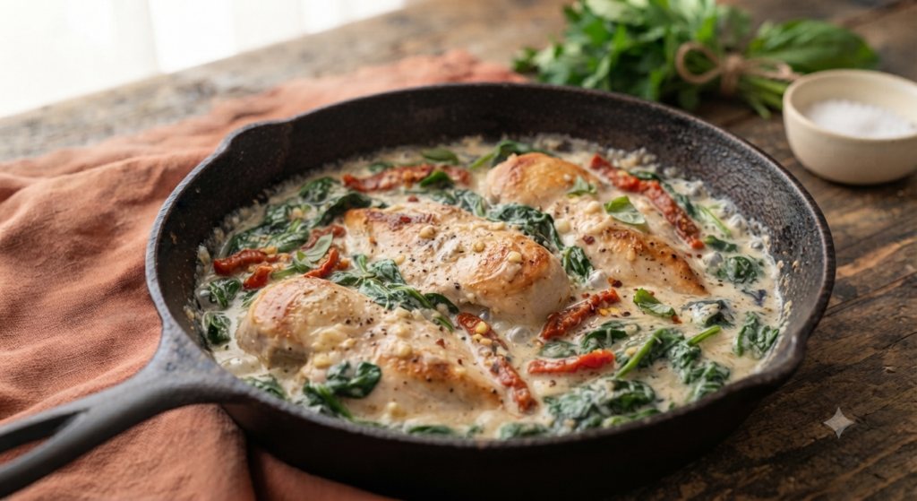 beautiful cast-iron skillet filled with One-Pot Creamy Tuscan Chicken