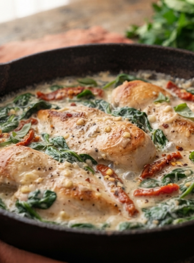 beautiful cast-iron skillet filled with One-Pot Creamy Tuscan Chicken