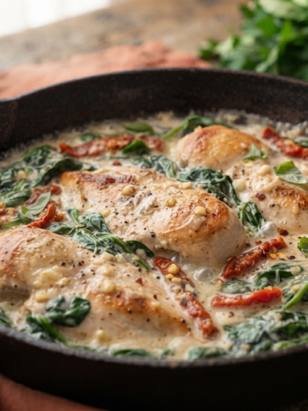 beautiful cast-iron skillet filled with One-Pot Creamy Tuscan Chicken