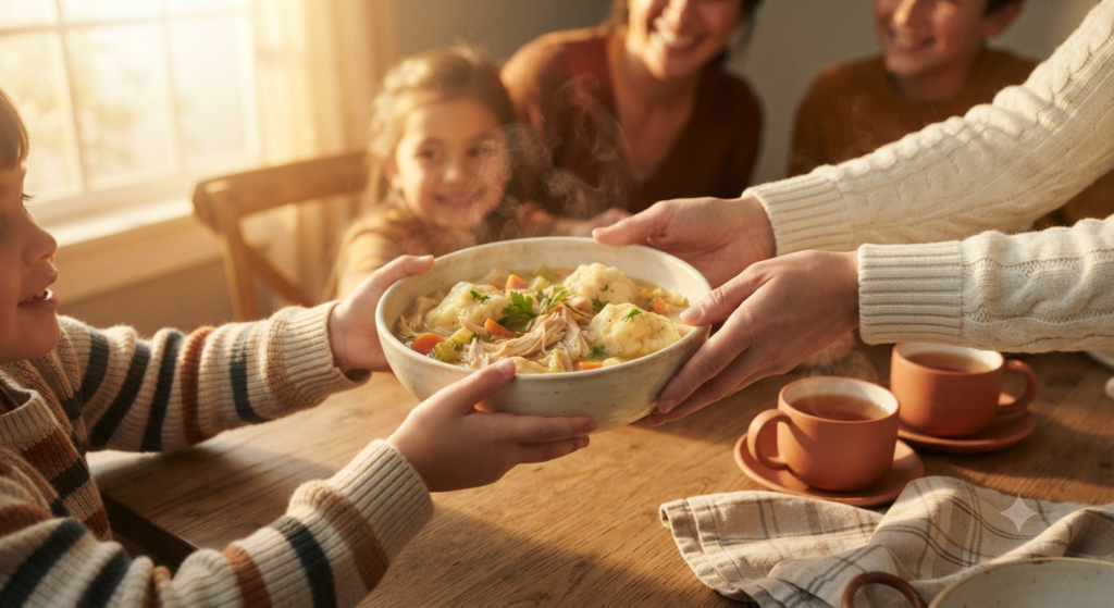 bowl of steaming Chicken and Dumplings across a dining table