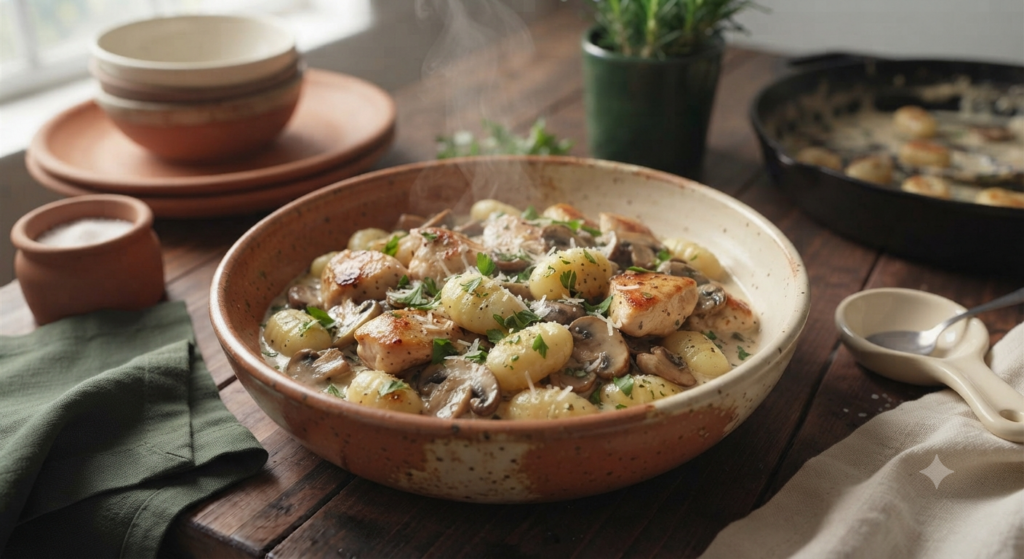 ceramic bowl filled with Creamy Chicken and Mushroom Gnocchi,