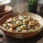 ceramic bowl filled with Creamy Chicken and Mushroom Gnocchi,