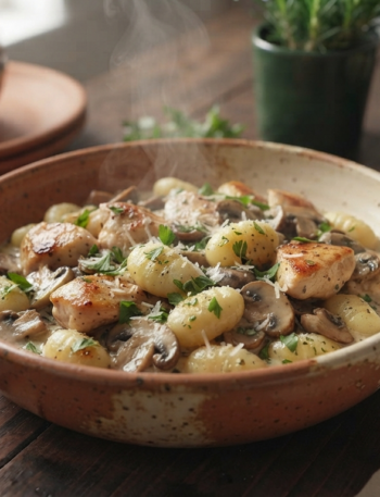 ceramic bowl filled with Creamy Chicken and Mushroom Gnocchi,
