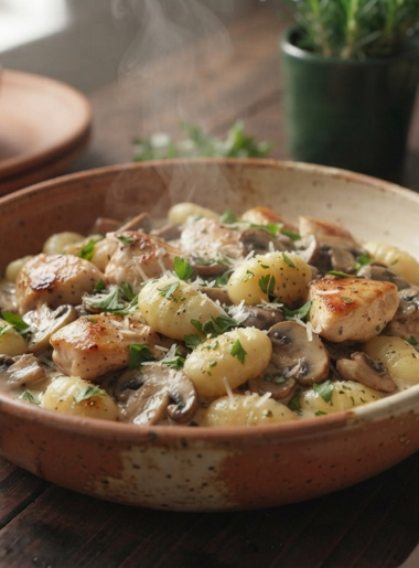 ceramic bowl filled with Creamy Chicken and Mushroom Gnocchi,