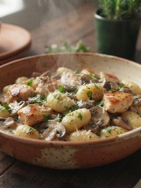 ceramic bowl filled with Creamy Chicken and Mushroom Gnocchi,