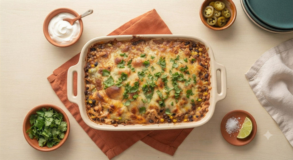 cheesy casserole surrounded by small bowls