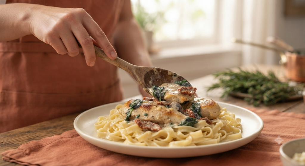 creamy Tuscan chicken over a bed of fluffy pasta