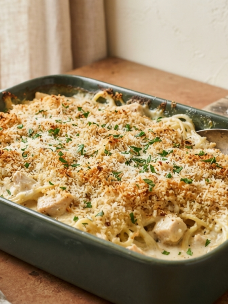 creamy pasta and chicken in a forest green