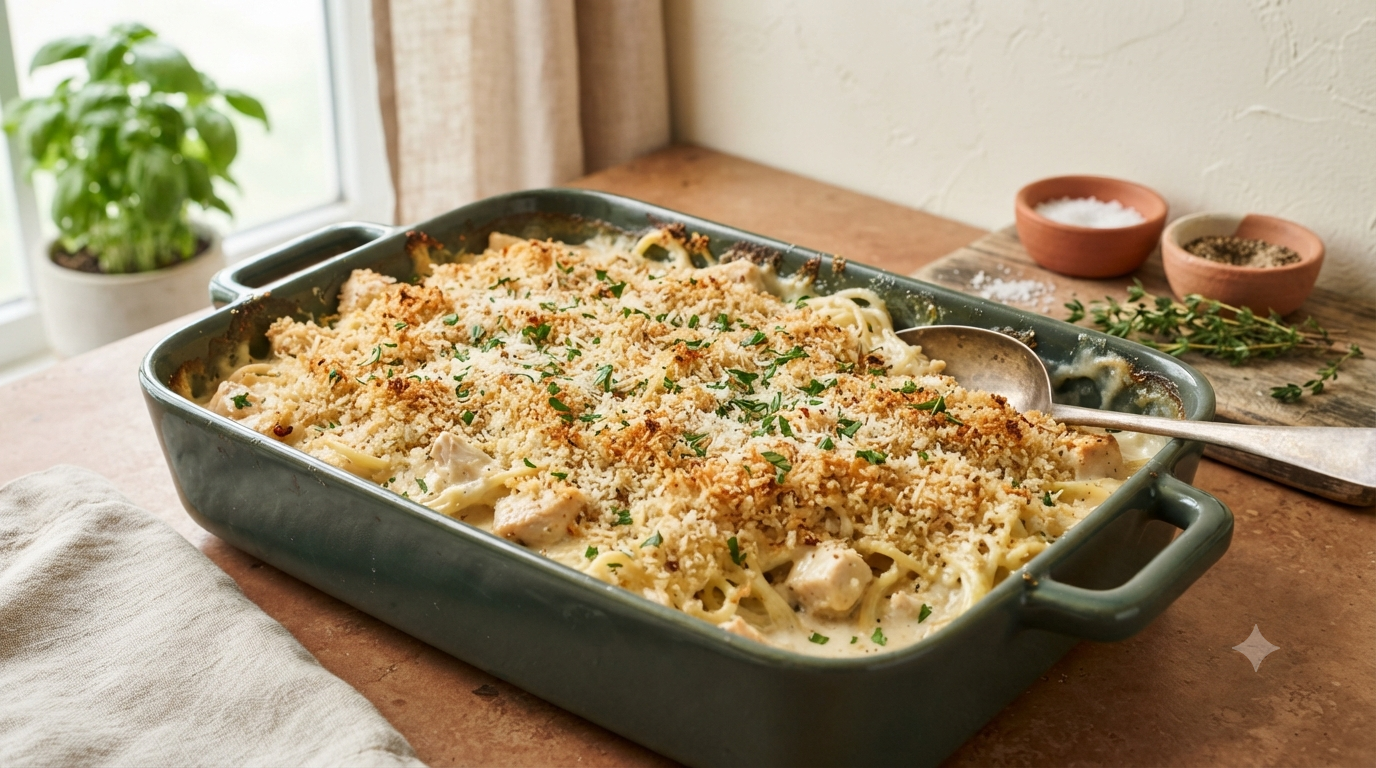 creamy pasta and chicken in a forest green