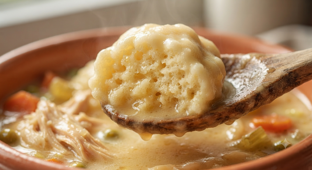 dumpling being lifted by a wooden spoon