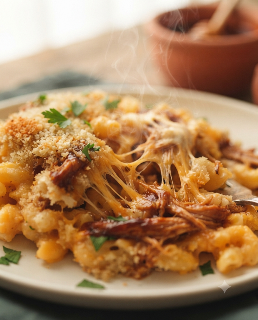 extreme close-up of BBQ chicken mac and cheese