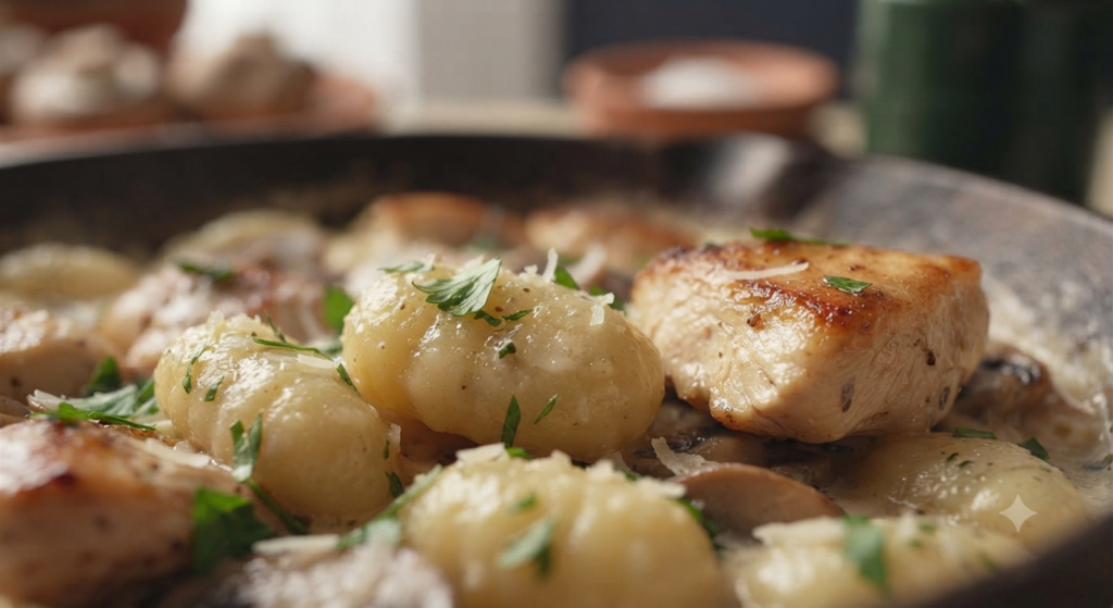 extreme close-up of the Creamy Chicken and Mushroom Gnocchi