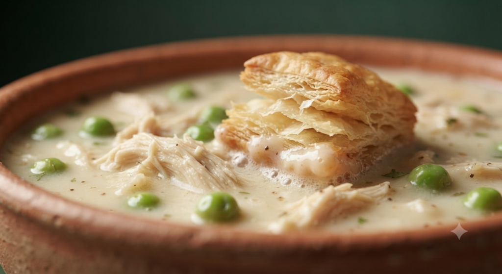 extreme close-up of the creamy Chicken Pot Pie Soup