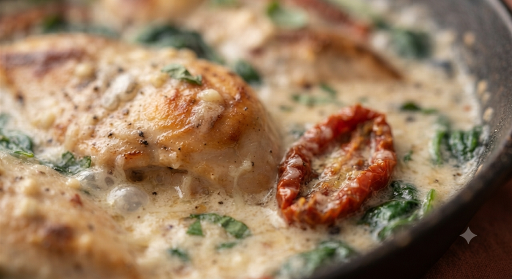 glossy texture of the creamy parmesan sauce
